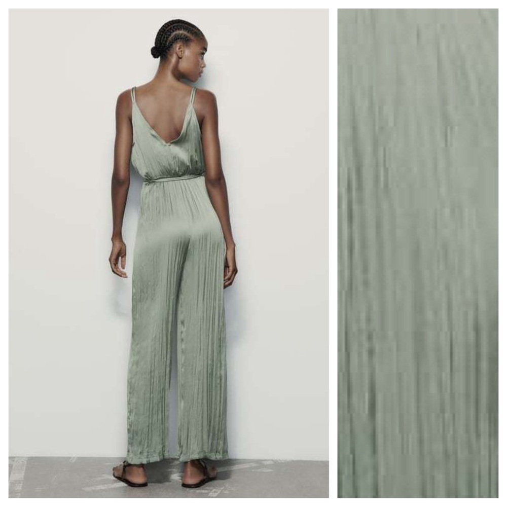 NWT. Zara Green Satin Effect Wrinkled Effect/Pleaded Jumpsuit. Size L. - Picture 3 of 9